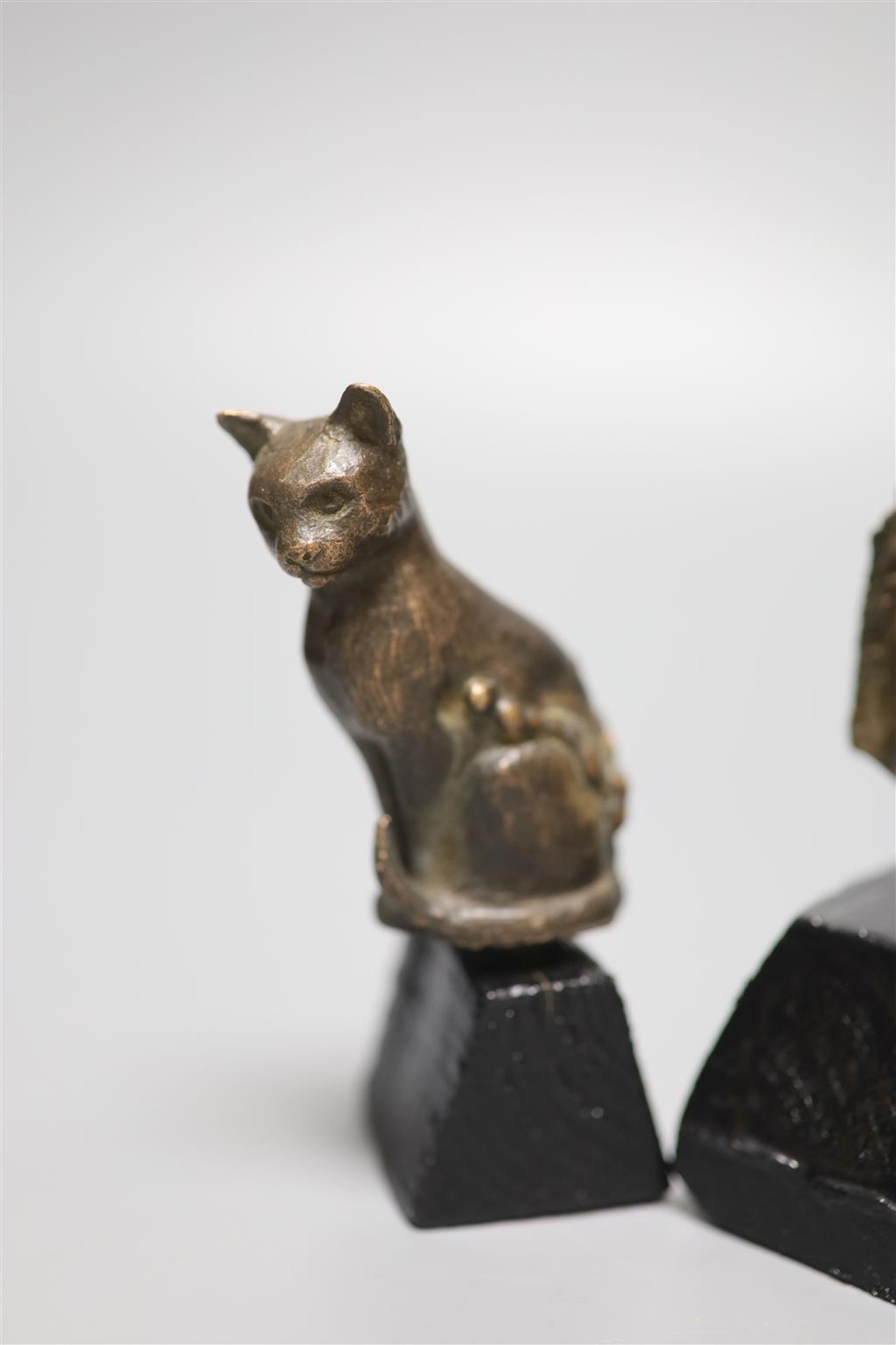 A bronze of a horses head, on stand, signed, height 12cm, and a similar cat